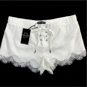 David Lerner White Lace Shorts Corset Tie Front